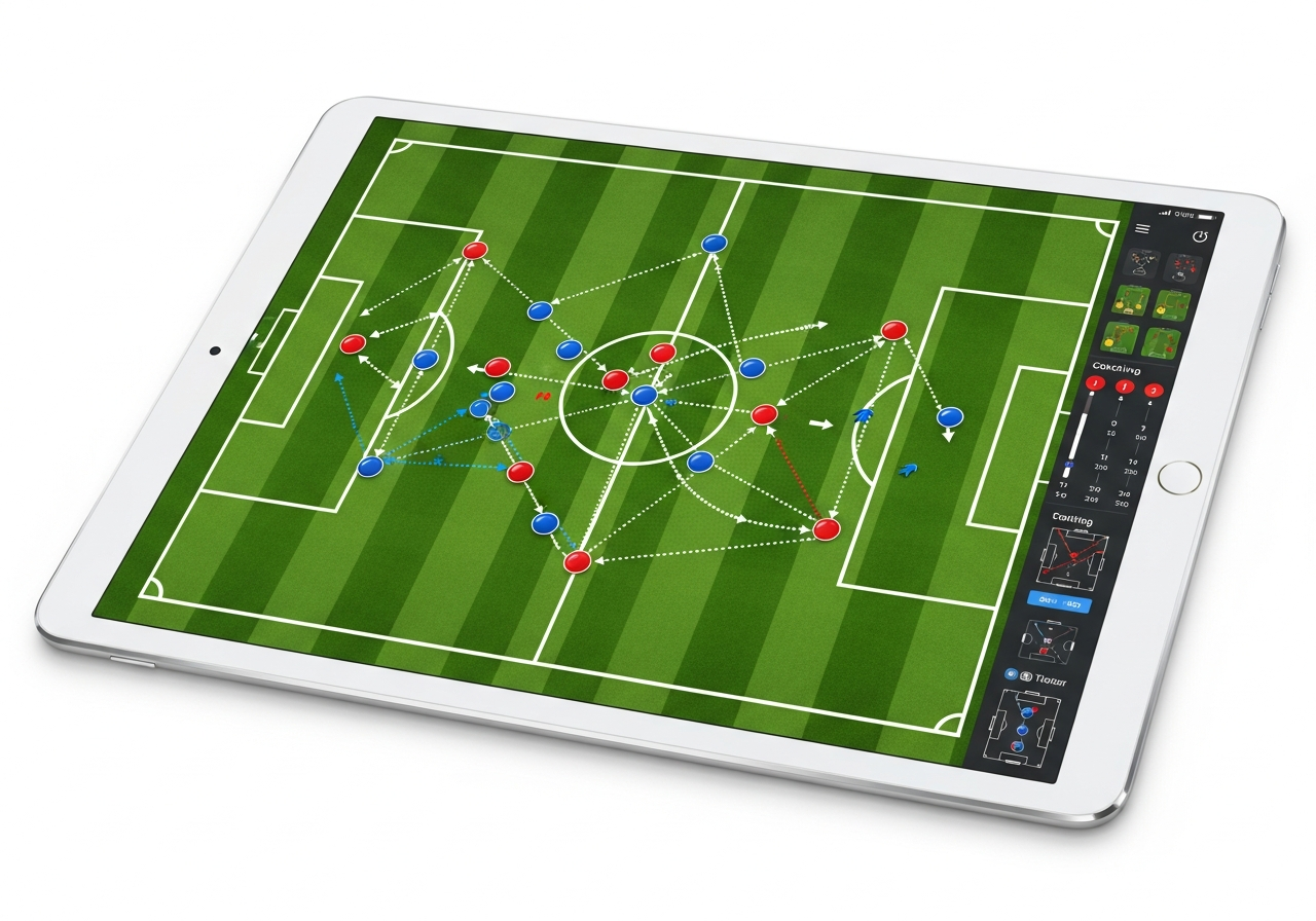Tablet mostrando una táctica de fútbol en campo digital